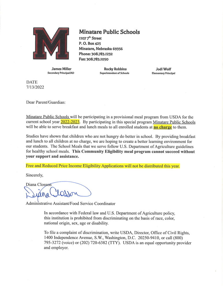 Community Eligibility Meal Program Minatare Elementary School